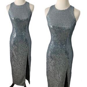 5-7-9  BRAND CIRCA 2000 Ice Blue Sequin Side Slit Dress Gown Y2K SIZE 3